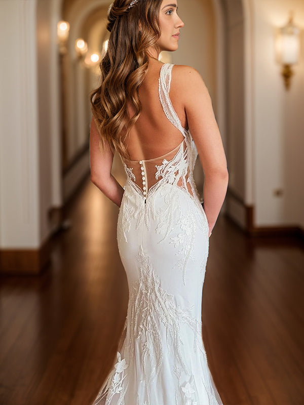 Sheath V-neck Appliques Lace Cathedral Train Stretch Crepe Wedding Dress