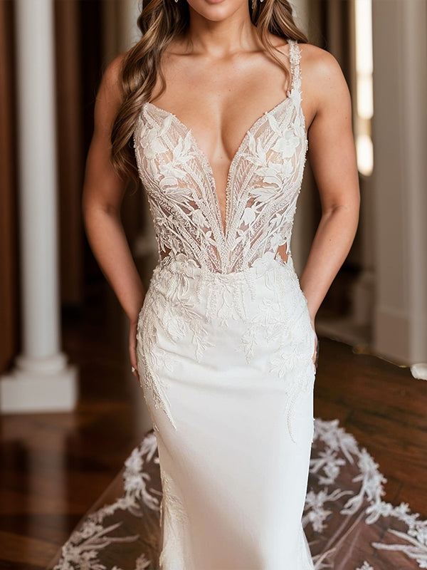 Sheath V-neck Appliques Lace Cathedral Train Stretch Crepe Wedding Dress