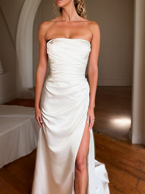 Sheath Straight Pleated Sweep Train Silk like Satin Wedding Dress