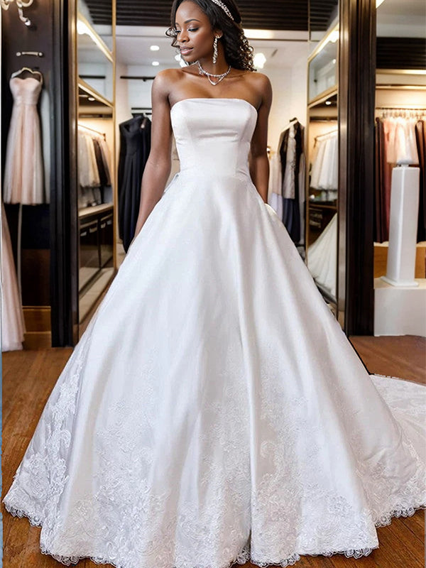 A-line Straight Appliques Lace Cathedral Train Satin Wedding Dress