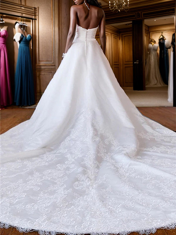 A-line Straight Appliques Lace Cathedral Train Satin Wedding Dress
