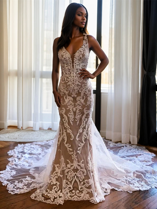 Sheath V-neck Appliques Lace Cathedral Train Lace Wedding Dress