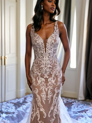 Sheath V-neck Appliques Lace Cathedral Train Lace Wedding Dress