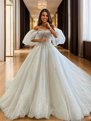 Ball-Gown Off-the-Shoulder Short Sleeves Appliques Lace Cathedral Train Tulle Wedding Dress