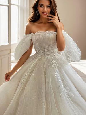 Ball-Gown Off-the-Shoulder Short Sleeves Appliques Lace Cathedral Train Tulle Wedding Dress