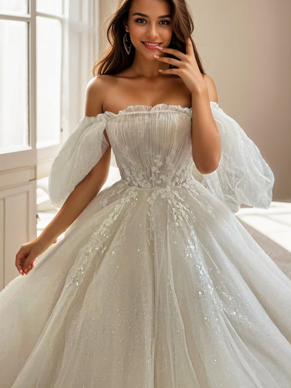 Ball-Gown Off-the-Shoulder Short Sleeves Appliques Lace Cathedral Train Tulle Wedding Dress
