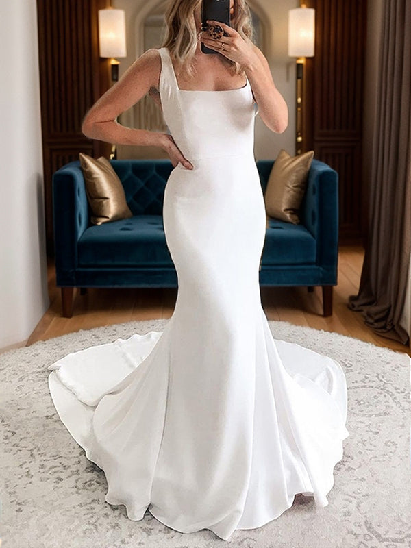 Sheath Square Chapel Train Stretch Crepe Wedding Dress