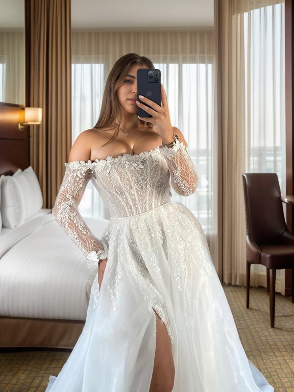 A-line Off-the-Shoulder Long Sleeves Appliques Lace Cathedral Train Organza Corset Wedding Dress