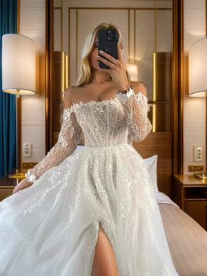 A-line Off-the-Shoulder Long Sleeves Appliques Lace Cathedral Train Organza Corset Wedding Dress