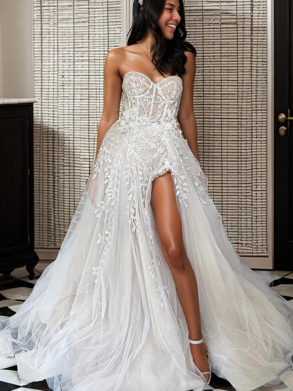 A-line Sweetheart Appliques Lace Court Train Tulle Corset Wedding Dress