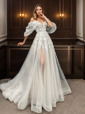 A-line Off-the-Shoulder Short Sleeves Appliques Lace Sweep Train Tulle Wedding Dress