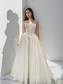 A-line Straight Appliques Lace Cathedral Train Stretch Crepe Corset Wedding Dress