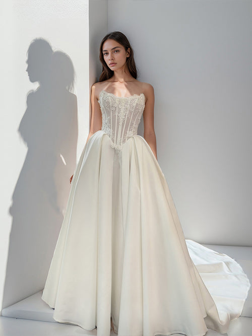 A-line Straight Appliques Lace Cathedral Train Stretch Crepe Corset Wedding Dress