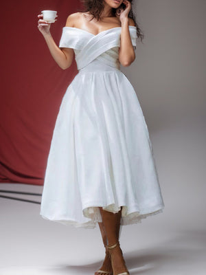 A-line Off-the-Shoulder Pleated Tea-Length Satin Wedding Dress