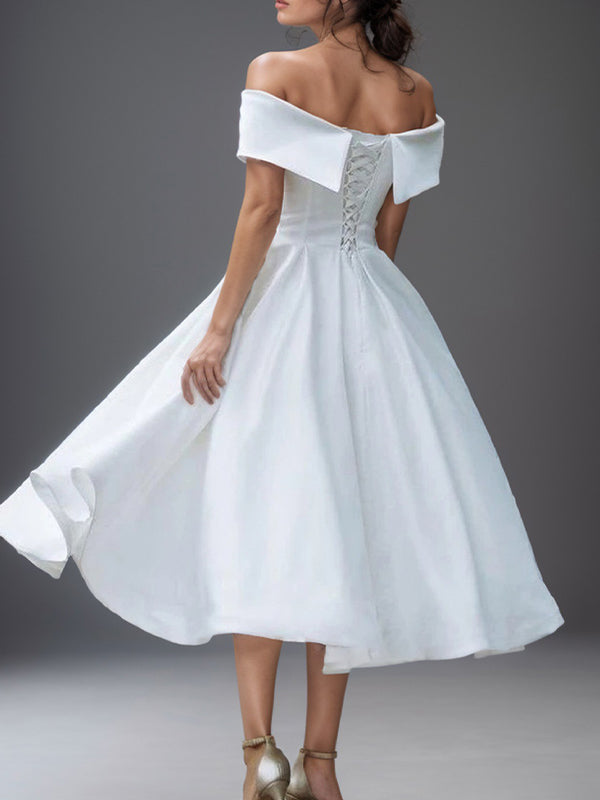 A-line Off-the-Shoulder Pleated Tea-Length Satin Wedding Dress
