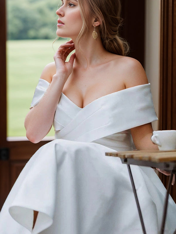 A-line Off-the-Shoulder Pleated Tea-Length Satin Wedding Dress