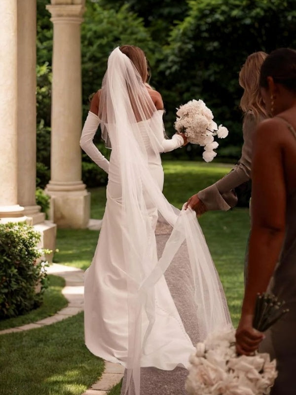 Sheath Off-the-Shoulder Long Sleeves Pleated Court Train Stretch Crepe Wedding Dress