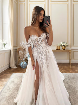 A-line Off-the-Shoulder Appliques Lace Chapel Train Tulle Corset Wedding Dress