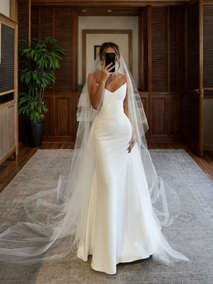Sheath V-neck Pleated Chapel Train Stretch Crepe Wedding Dress