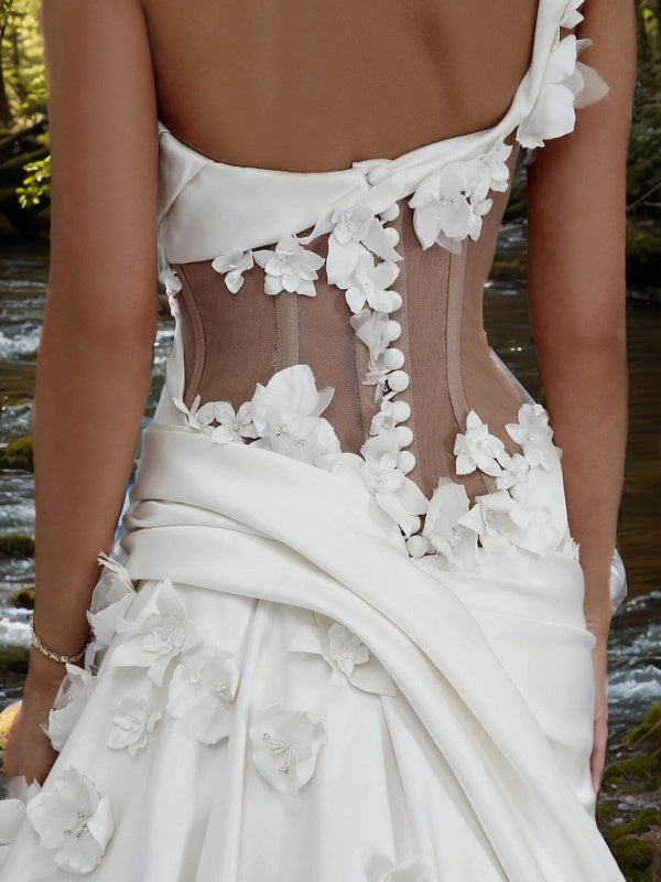 Sheath One-Shoulder Appliques Lace Chapel Train Charmeuse Wedding Dress