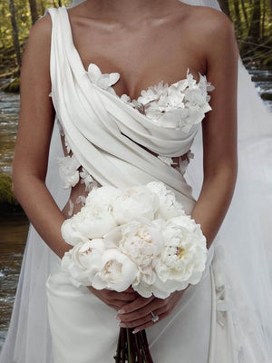 Sheath One-Shoulder Appliques Lace Chapel Train Charmeuse Wedding Dress