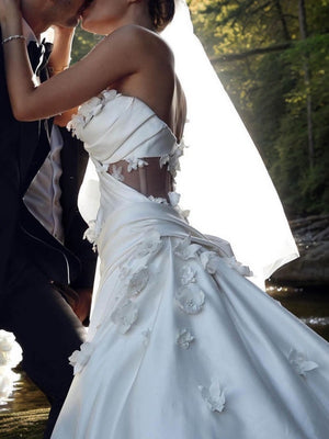 Sheath One-Shoulder Appliques Lace Chapel Train Charmeuse Wedding Dress