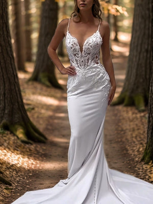 Sheath V-neck Appliques Lace Cathedral Train Stretch Crepe Wedding Dress