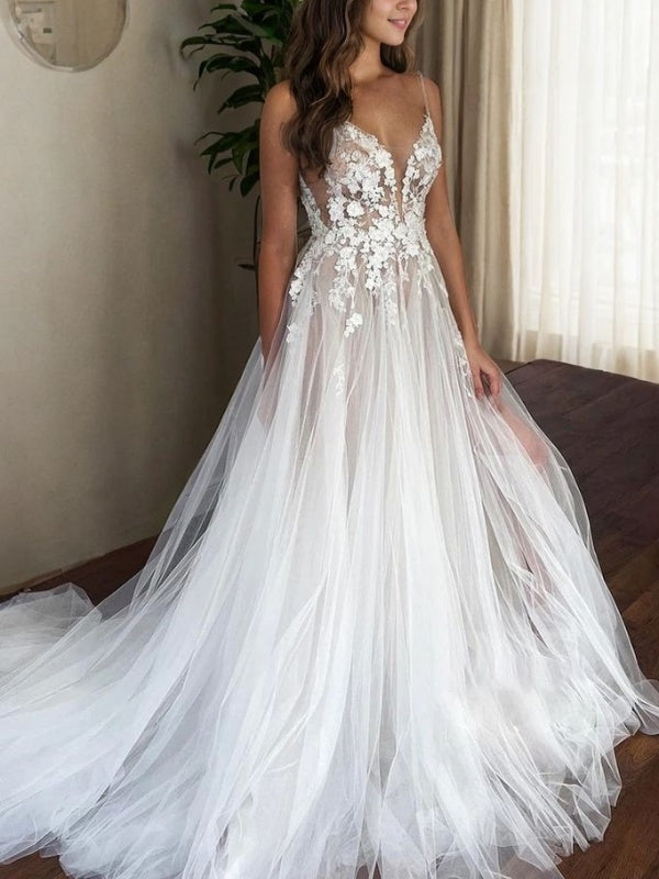 A-line V-neck Appliques Lace Chapel Train Tulle Wedding Dress