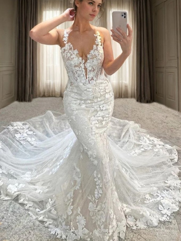Sheath V-neck Appliques Lace Cathedral Train Tulle Corset Wedding Dress
