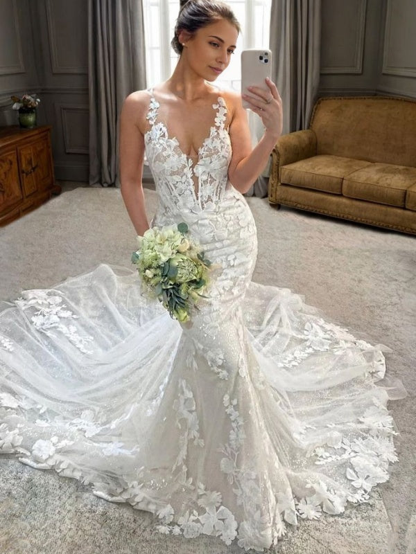 Sheath V-neck Appliques Lace Cathedral Train Tulle Corset Wedding Dress