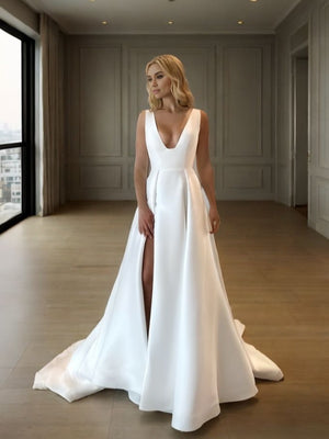 A-line V-neck Court Train Satin Wedding Dress