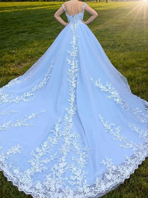 Ball-Gown Scoop Appliques Lace Cathedral Train Tulle Wedding Dress