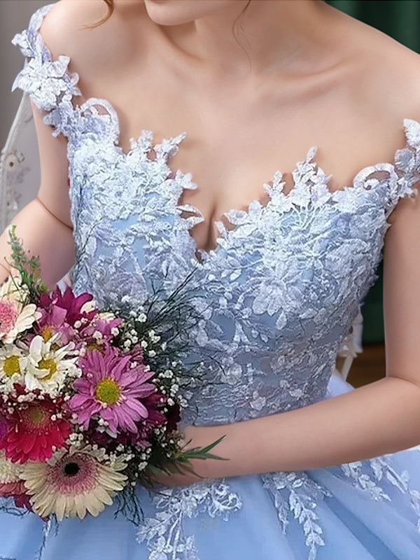 Ball-Gown Scoop Appliques Lace Cathedral Train Tulle Wedding Dress