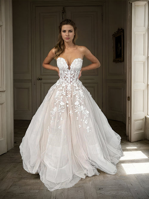 A-line Sweetheart Appliques Lace Chapel Train Tulle Corset Wedding Dress