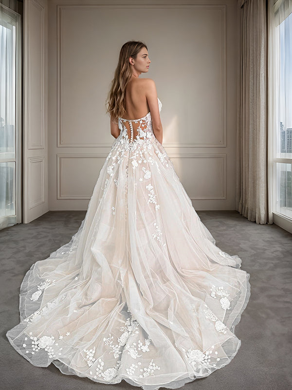 A-line Sweetheart Appliques Lace Chapel Train Tulle Corset Wedding Dress