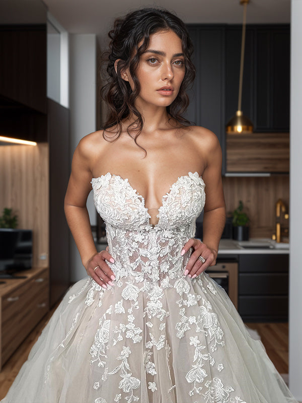A-line Sweetheart Appliques Lace Chapel Train Tulle Corset Wedding Dress