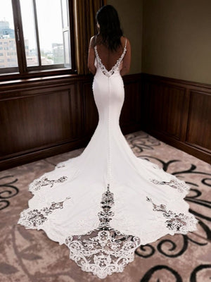 Mermaid V-neck Appliques Lace Cathedral Train Stretch Crepe Wedding Dress