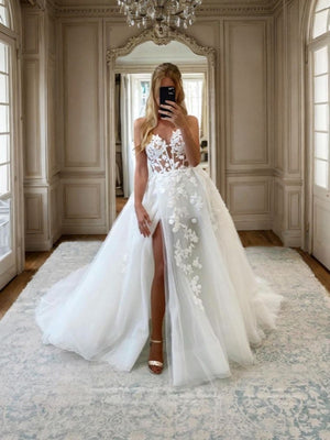 A-line Sweetheart Appliques Lace Chapel Train Tulle Corset Wedding Dress
