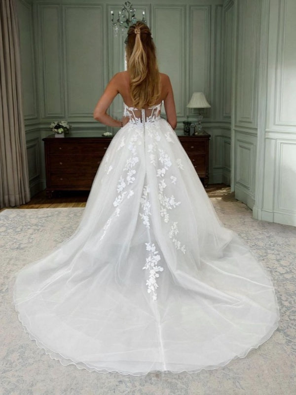 A-line Sweetheart Appliques Lace Chapel Train Tulle Corset Wedding Dress