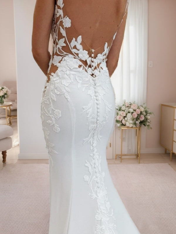 Mermaid V-neck Appliques Lace Cathedral Train Stretch Crepe Corset Wedding Dress