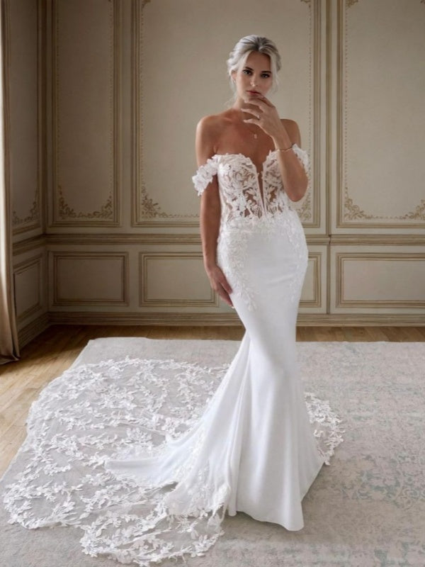 Mermaid Off-the-Shoulder Appliques Lace Cathedral Train Stretch Crepe Corset Wedding Dress