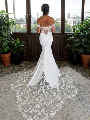 Mermaid Off-the-Shoulder Appliques Lace Cathedral Train Stretch Crepe Corset Wedding Dress