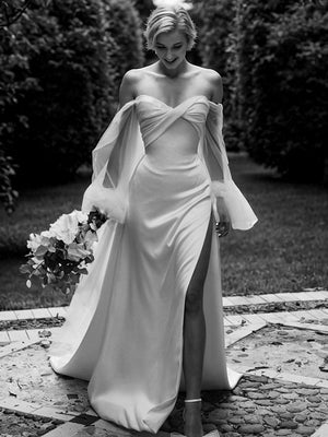 Column Off-the-Shoulder Long Sleeves Pleated Court Train Silk like Satin Wedding Dress