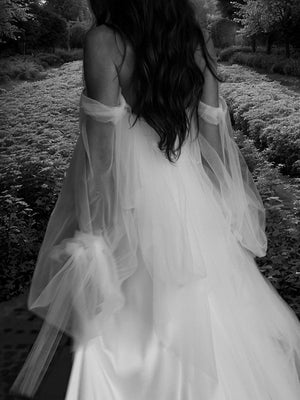Column Off-the-Shoulder Long Sleeves Pleated Court Train Silk like Satin Wedding Dress