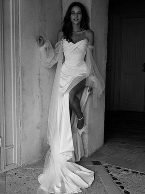 Column Off-the-Shoulder Long Sleeves Pleated Court Train Silk like Satin Wedding Dress
