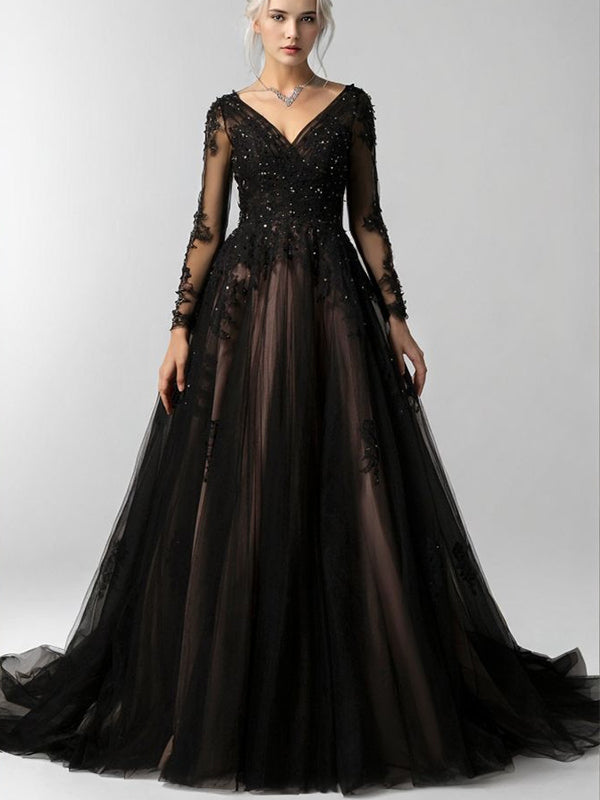 A-line V-neck Long Sleeves Appliques Lace Court Train Tulle Wedding Dress