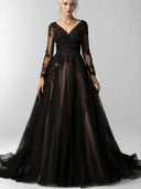 A-line V-neck Long Sleeves Appliques Lace Court Train Tulle Wedding Dress