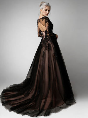 A-line V-neck Long Sleeves Appliques Lace Court Train Tulle Wedding Dress