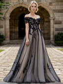 A-line Off-the-Shoulder Short Sleeves Appliques Lace Floor-Length Tulle Corset Wedding Dress