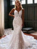 Mermaid V-neck Appliques Lace Cathedral Train Tulle Wedding Dress
